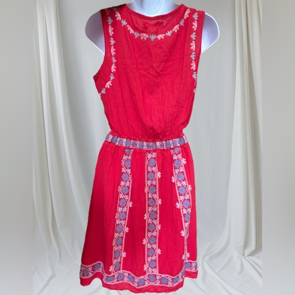 CHELSEA & VIOLET EMBROIDERED DRESS. RED SLEEVELESS BOHO DRESS. LINED SKIRT. - Picture 13 of 14
